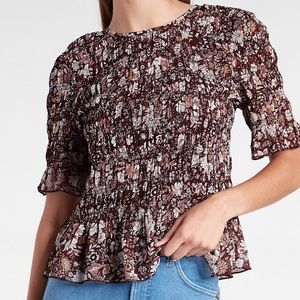 Express Floral Print All-Over Smocked Ruffle Hem Top